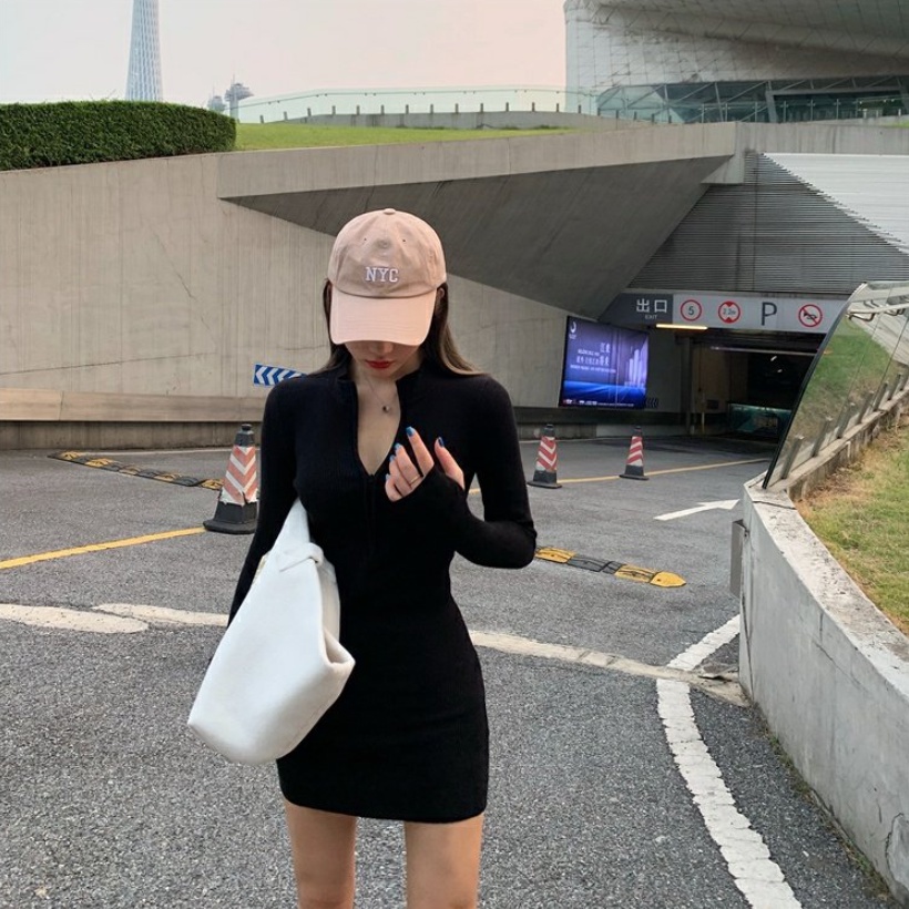 Đầm Ngắn Dệt Kim Tay Dài Ôm Dáng Phối Khóa Kéo Nửa Gợi Cảm Quyến Rũ Cho Nữ