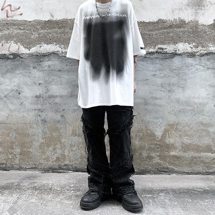 Ông. Áo Thun Đen Tay Lỡ Dáng Rộng Họa Tiết Graffiti Phong Cách Đường Phố Cho Nam