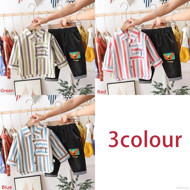 Set áo thun tay dài họa tiết kẻ sọc + quần dài họa tiết hoạt hình cho bé trai