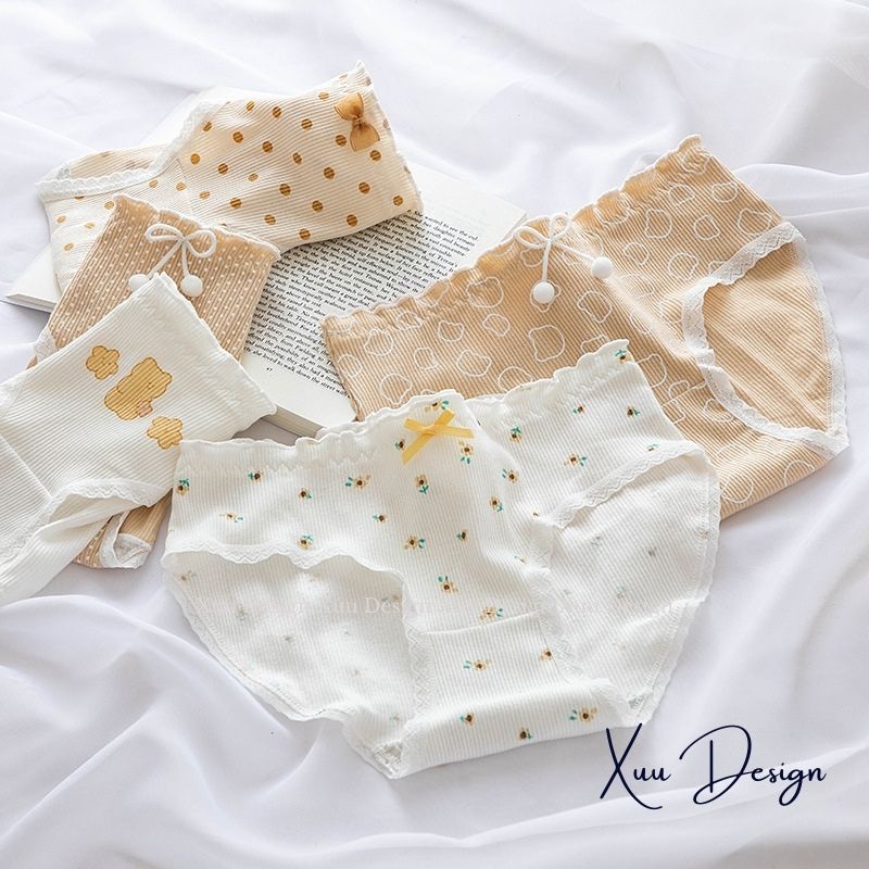 Quần lót Cotton họa tiết dễ thương, quần lót nữ vải kẻ tăm siêu co dãn thâm hút kháng khuẩn - Wexuu Design QC91