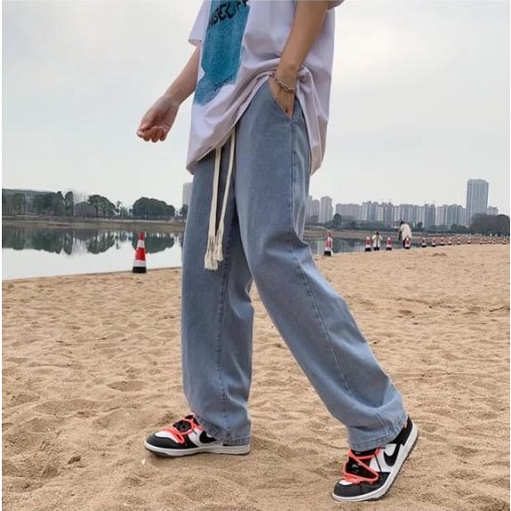 Quần jean ống suông nam nữ rộng lưng chun màu xanh pon.mens hà nội