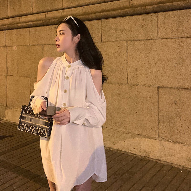 (HÌNH THẬT) Váy Suông Kiểu Sơ Mi Khoét Tay Nút Gỗ (TRẮNG) | BigBuy360 - bigbuy360.vn