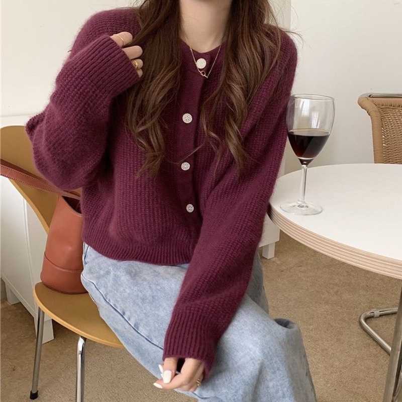 Áo Khoác Cardigan Dệt Kim Tay Dài Cổ Tròn Màu Sắc Đơn Giản Phong Cách Hàn Quốc Thời Trang Thu Đông Cho Nữ