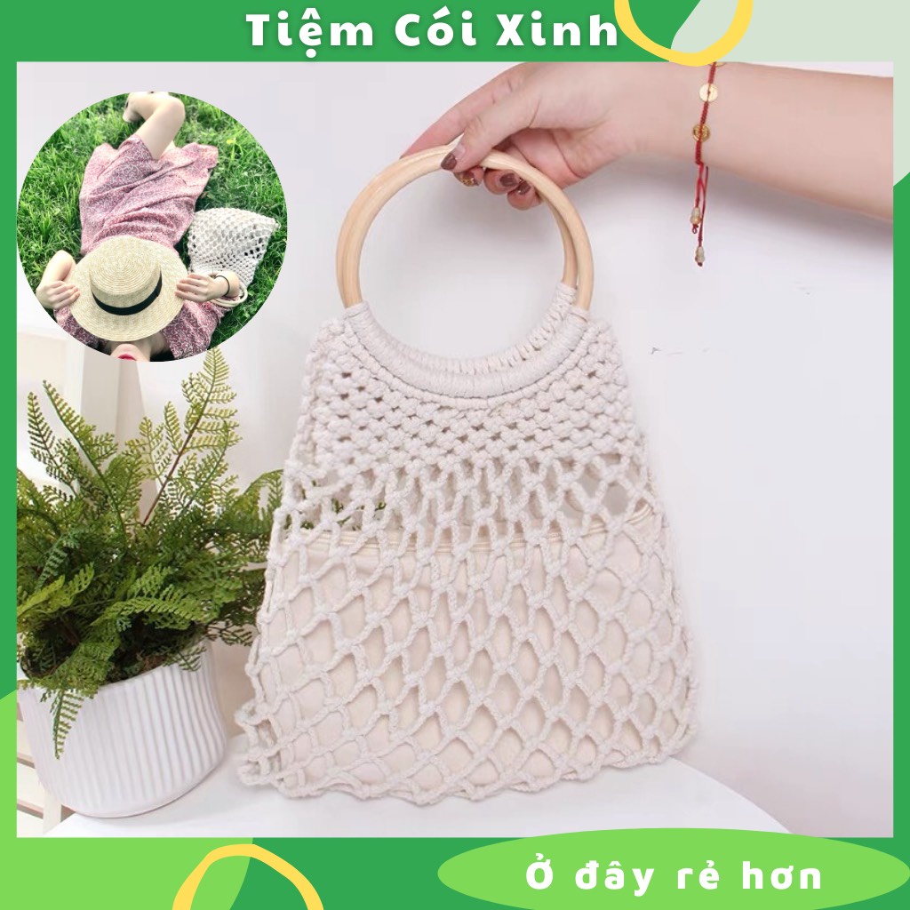 Túi Tote Lưới Đi Biển Thời Trang Đan Macrame Quai Gỗ Có Lót Vải Đựng Đồ Tiện Dụng Phong Cách Boho