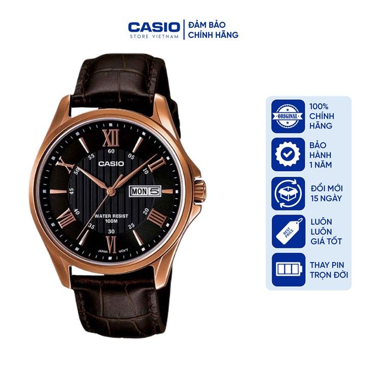 Đồng hồ Nam Casio MTP-1384L-1AV, đồng hồ chính hãng, dây da nâu, mặt đen, viền hồng