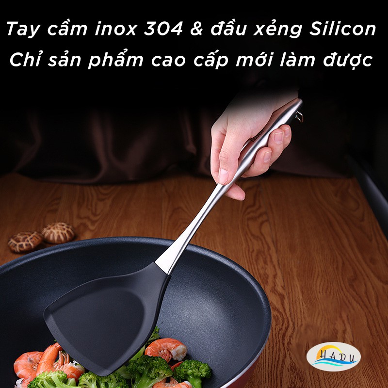 Muôi múc canh xẻng nấu ăn inox 304 cao cấp Silicone chống dính chống xước nồi chảo an toàn HADU