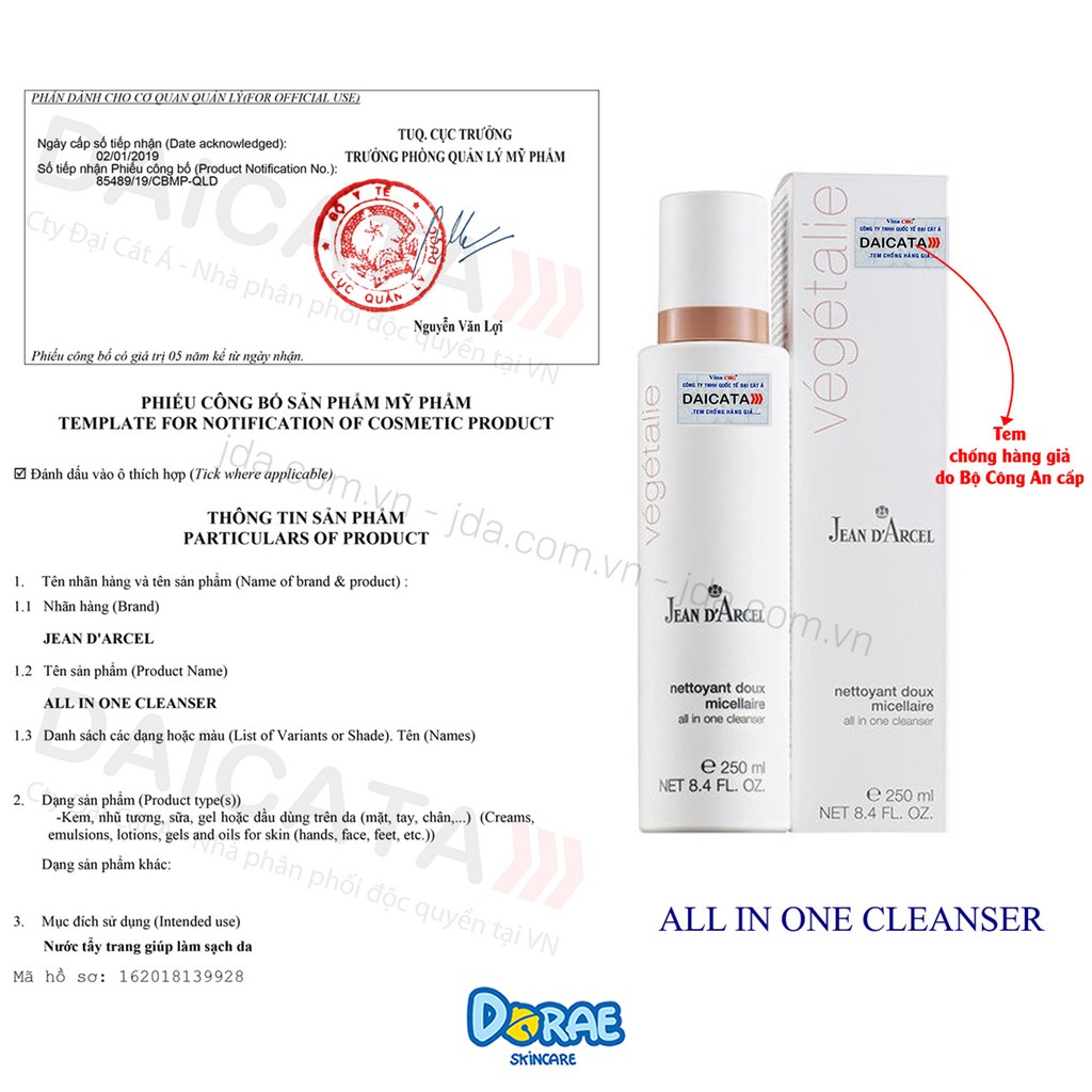 Hàng Auth_Giá Sỉ ✅ Nước tẩy trang dịu nhẹ dành cho da nhạy cảm 3 trong 1 Jean D’Arcel All in One Cleanser 250ml