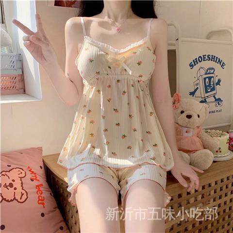 Bộ Đồ Ngủ Áo Hai Dây Phối Quần Short In Hoa Nhỏ Thời Trang 2022 Quyến Rũ Cho Nữ