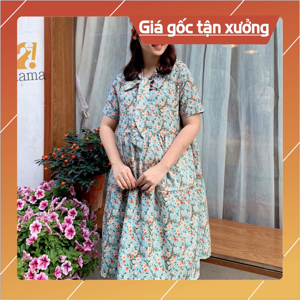 [BÁN SỈ] Đầm bầu dự tiệc hoa nhí cổ thắt nơ 2MAMA V01