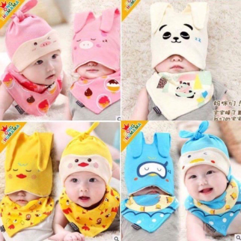 Set mũ kèm khăn yếm cotton 2 lớp cúc chỉnh mềm mại cho bé ( trai_gái/nhiều mẫu)