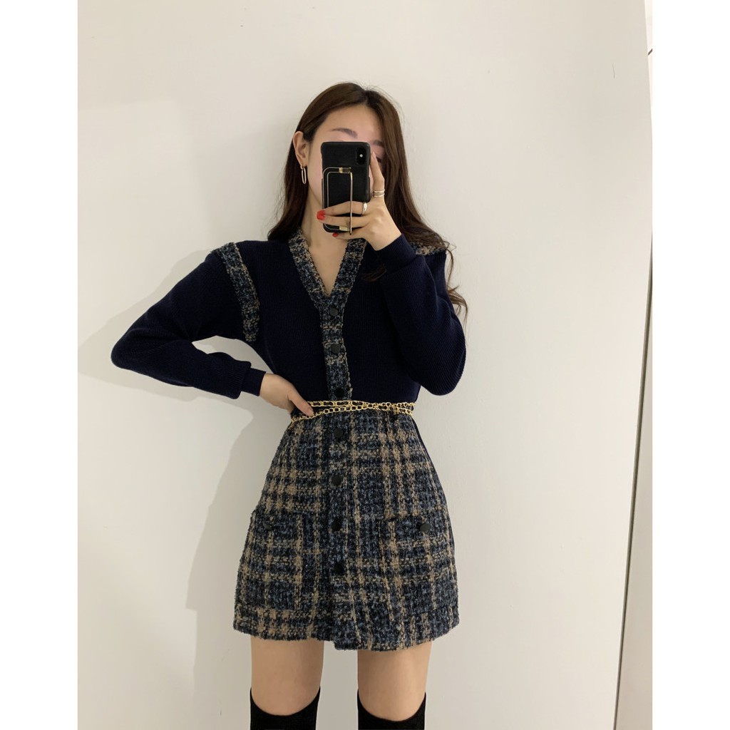 Váy len phối dạ tweed đầm dạ cổ V ulzzang Hàn Quốc V61