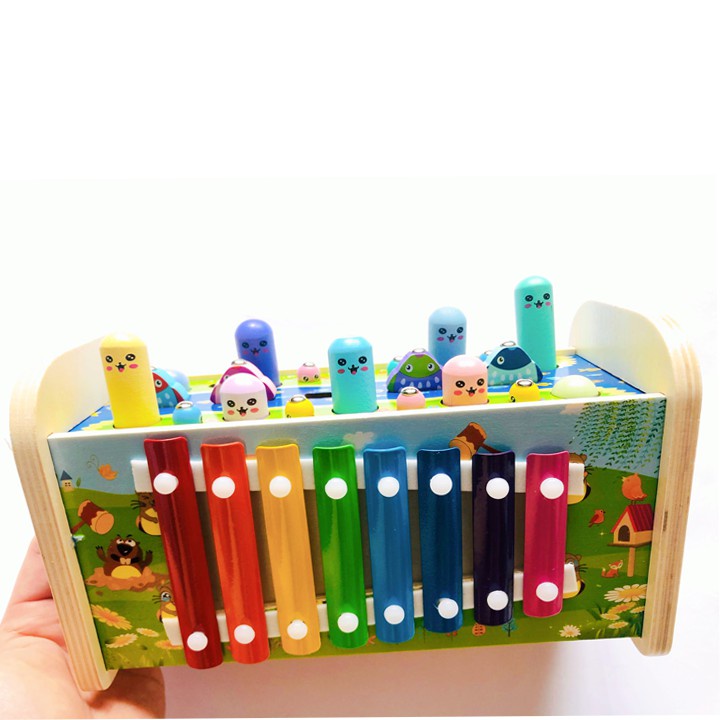 Đồ Chơi Đập Chuột, Đàn gỗ Xylophone 8 thanh, Đồng hồ giúp bé học phút, giờ, Trò chơi bánh răng quay 4IN1 Cho Bé