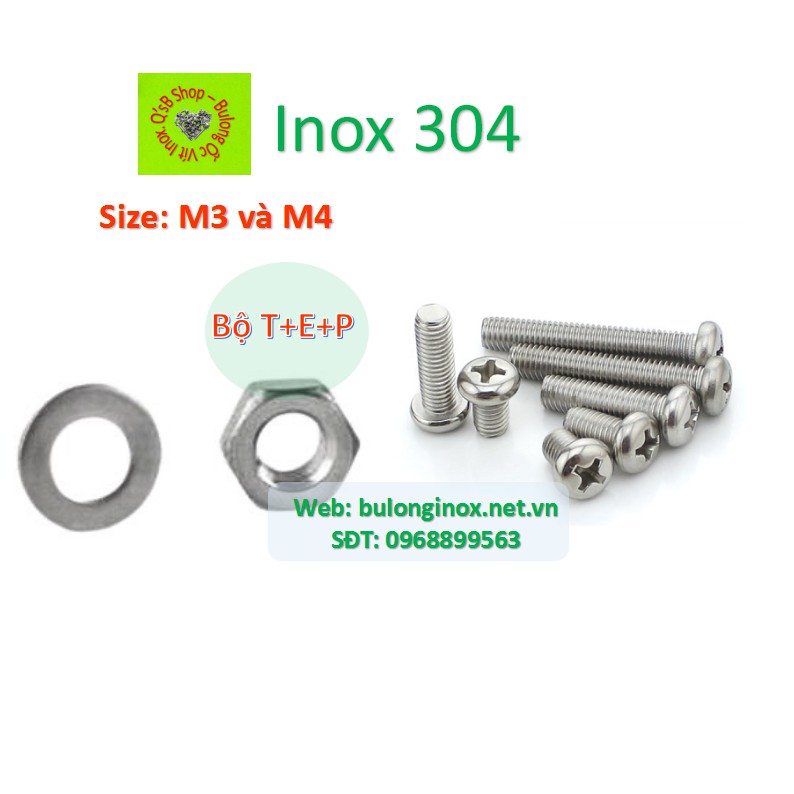 Vít pake đầu tròn inox size M3 và M4 (bộ T+ E+P), ốc 4 cạnh đầu  cầu inox, ốc vặn tua vít đầu tròn thân bulong, inox 304