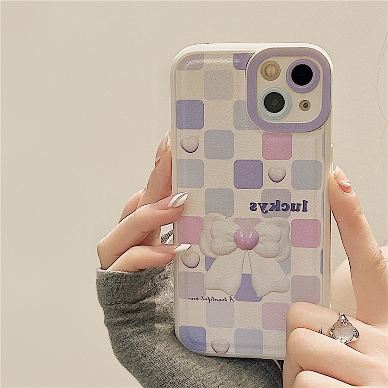 Ốp lưng iphone Bao Da Điện Thoại Màu Trơn Đính Nơ Cho iphone7 7plus 8 8plus xs 11 12 13 pro max plus max promax Dinuo case