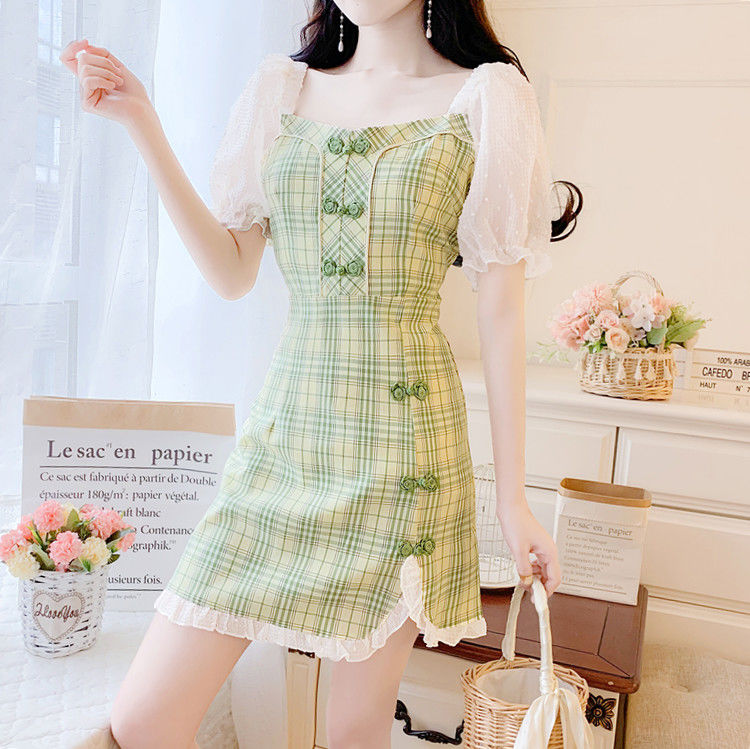 Women Cheongsam Chiffon Stitching Plaid Sweet Small dress | BigBuy360 - bigbuy360.vn