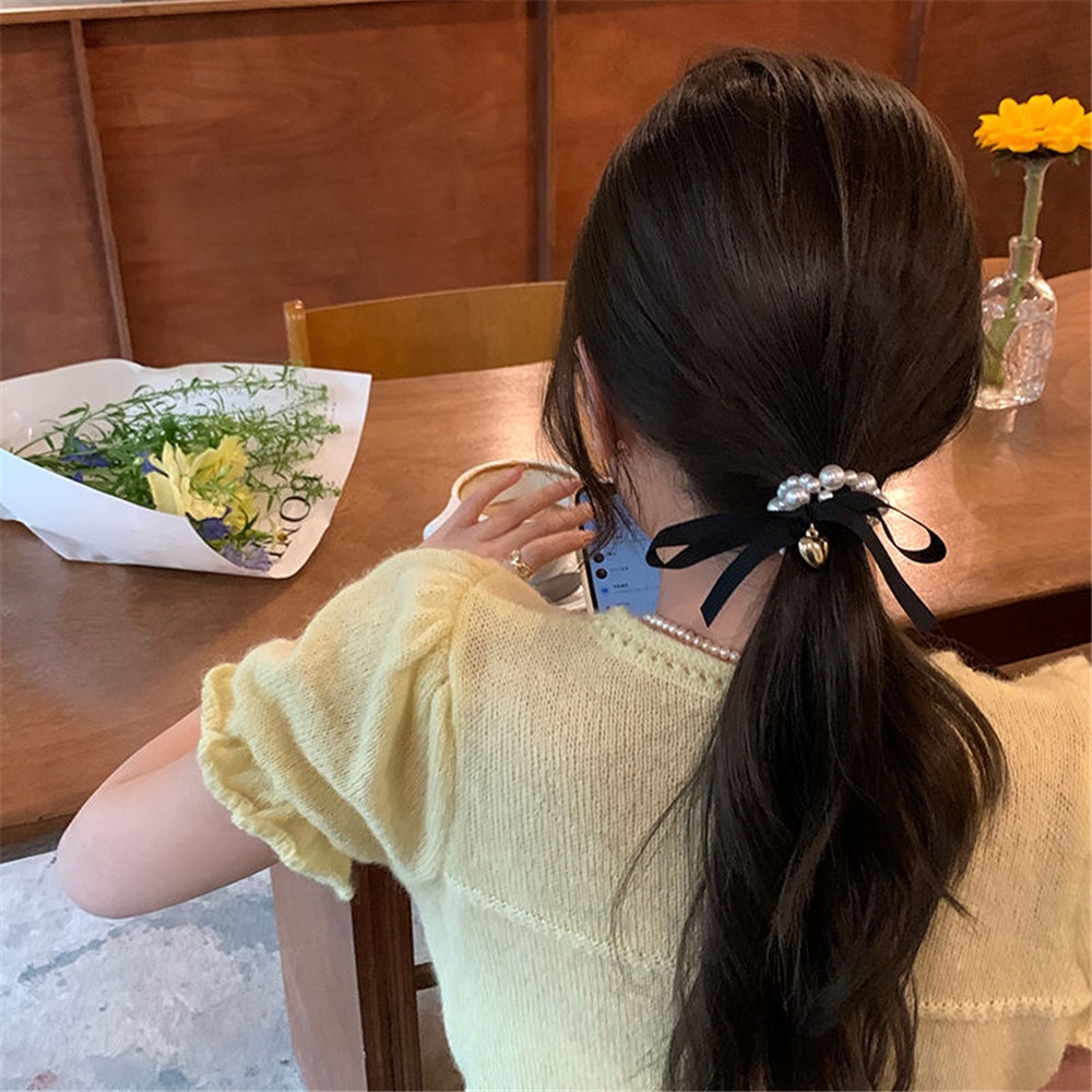 Dây Buộc Tóc Thắt Nơ Đen Đính Ngọc Trai Phong Cách Pháp Thanh Lịch Dành Cho Nữ