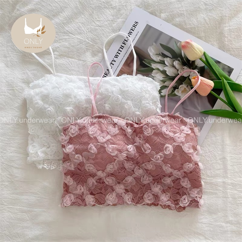 Áo bra 2 dây ren hoa nổi phối lưng thun dáng croptop , Áo ống hai dây có kèm mút ngực ONLY.underwear