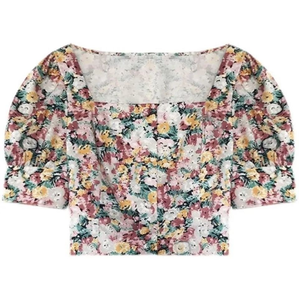 Áo sơ mi tay phồng cổ vuông hở lưng in họa tiết hoa thời trang phong cách Pháp cổ điển cho nữ