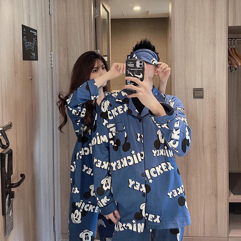 Set đồ ngủ tay dài in hình chuột Mickey dễ thương thời trang thu đông cho cặp đôi T6lD