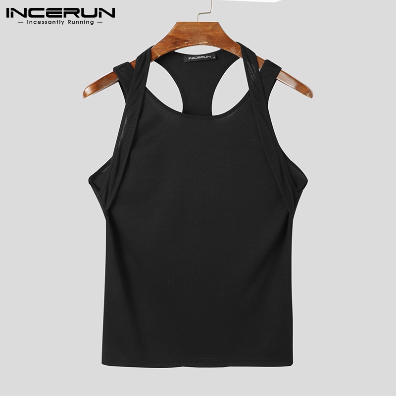 Áo thun không tay INCERUN màu trơn đơn giản cho nam