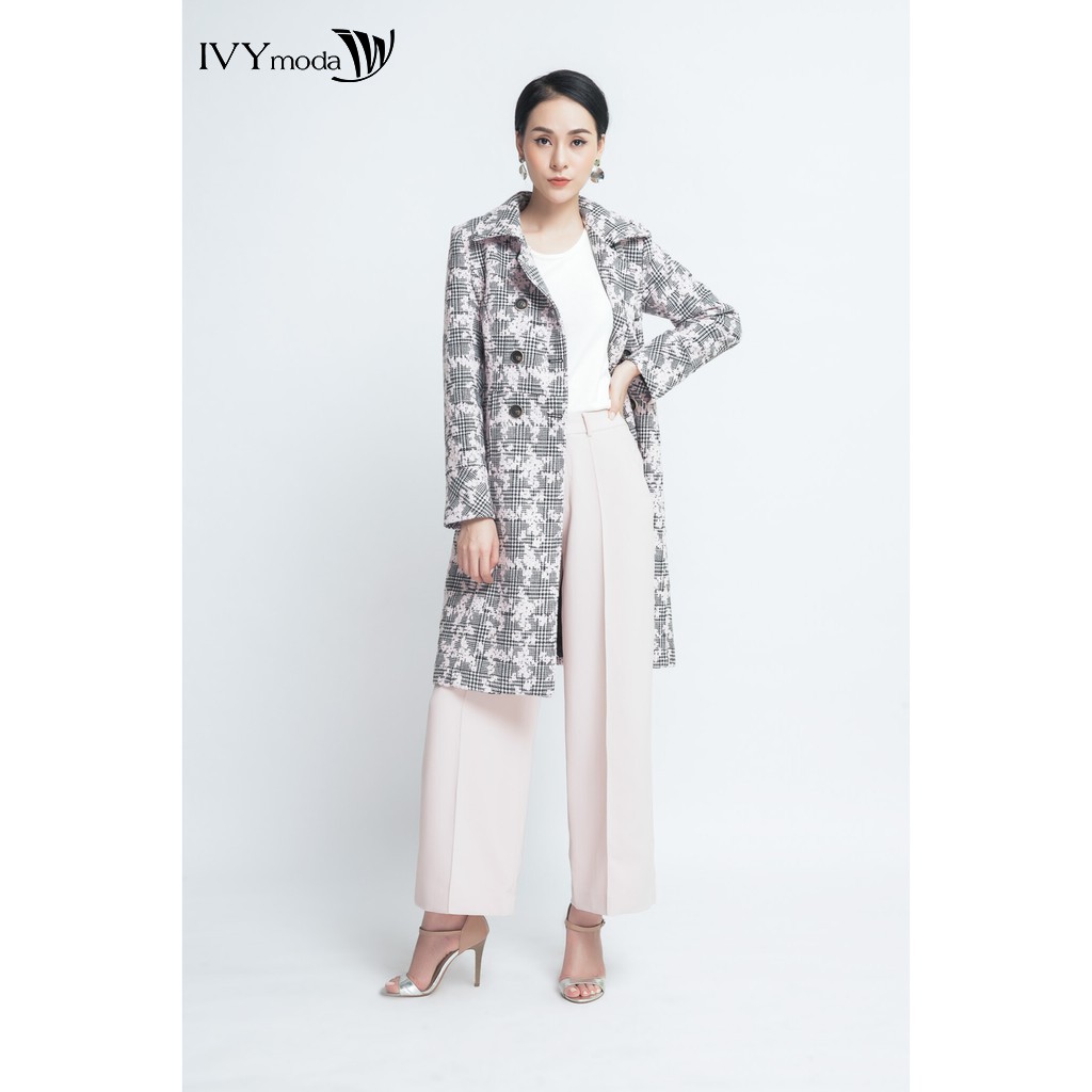 Áo khoác nữ cổ 2 ve dáng dài họa tiết kẻ IVY moda MS 71M3882