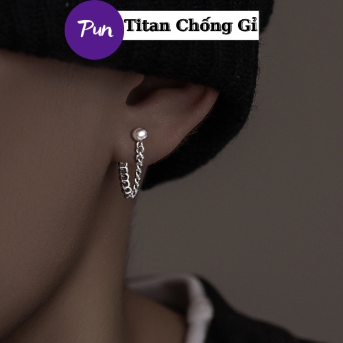 Bông tai Titan chống gỉ phối xích dài phong cách Hàn Quốc -Hoa tai Unisex không Gỉ -HT Small Bạc