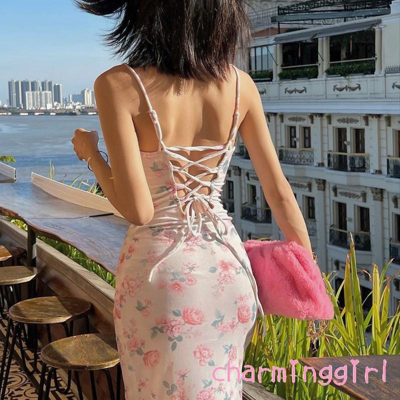 Đầm Hai Dây Dáng Ôm Xẻ Tà Hở Lưng In Họa Tiết Hoa Hồng Quyến Rũ Cho Nữ