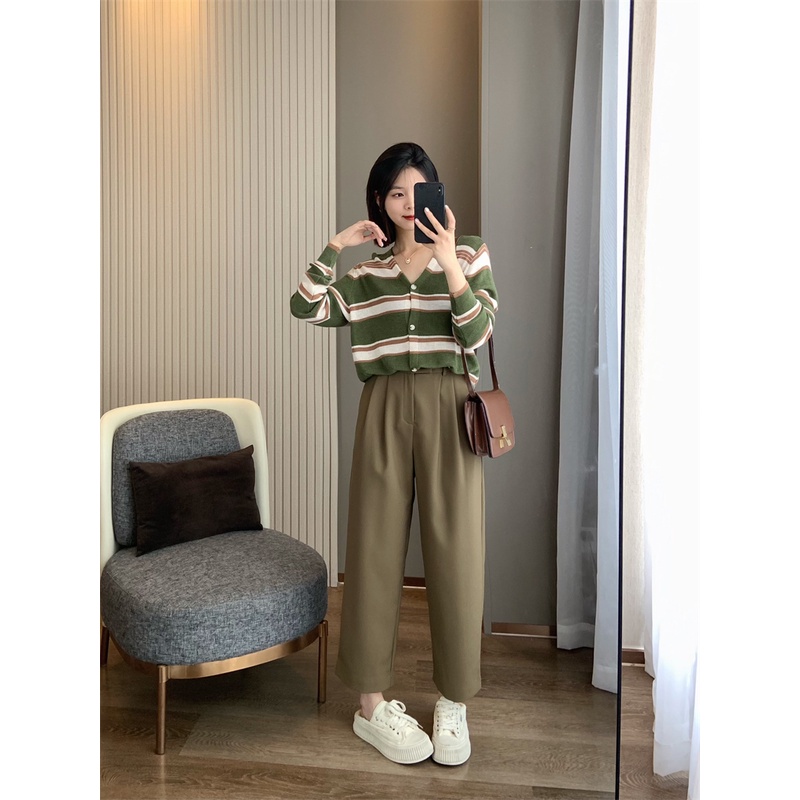 Áo khoác cardigan dệt kim ZHELIHANGFEI tay dài cổ chữ V họa tiết kẻ sọc phong cách retro thời trang cho nữ