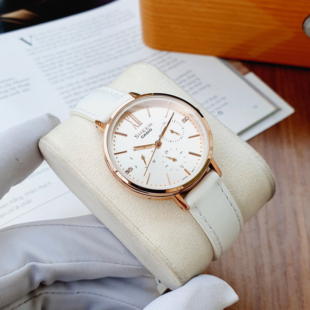 Đồng hồ Nữ chính hãng Casio Sheen SHE-3064PGL- 7AUDF - Máy Quartz pin - Kính khoáng cứng - Dây da