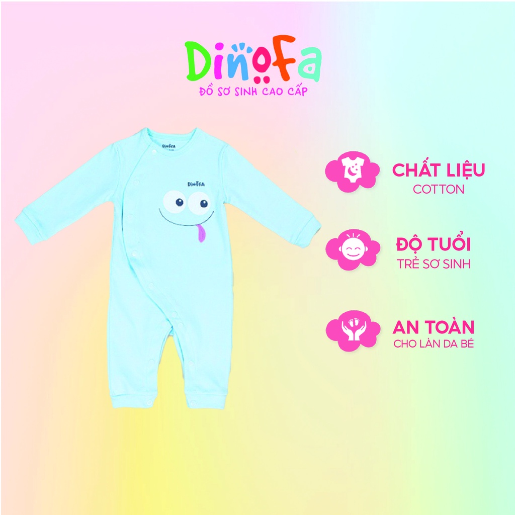 Jumpsuit cho bé 0-9m màu xanh, Bodysuit dài tay cho bé 100% cotton, quần áo sơ sinh họa tiết mặt cười, cúc bên_J10-J12