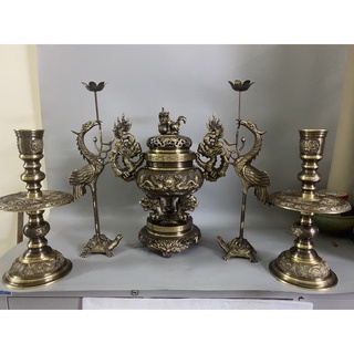 Bộ đỉnh thờ lư thờ tam sự ngũ sự bằng đồng đỉnh hạc nến cao 40cm bằng đồng màu giả cổ