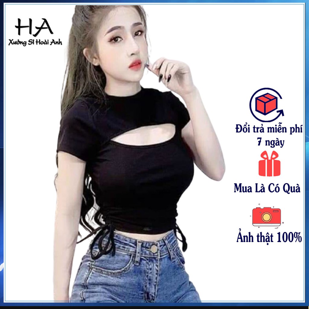 Áo Croptop Hở Ngực [FREESHIP]- Áo Xẻ Ngực - Áo Thun Nữ Ôm Body Tay Ngắn Rút Dây 2 Bên Eo