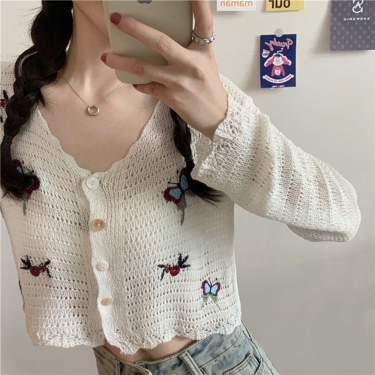 váy dáng dàiđầm xoè❃Mikizi fast fashion women ~ slim thêu bướm chống nắng ngắn tay áo len dệt kim nữ hàng đầu