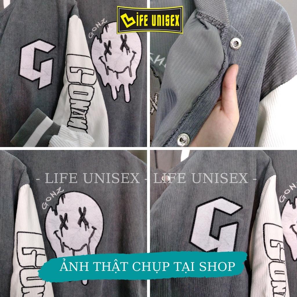 Áo Khoác Bomber Nhung Tăm GONZ Nam Nữ Ulzzang Unisex Có Nút, Áo Khoác Nhung Form Rộng LIFE UNISEX