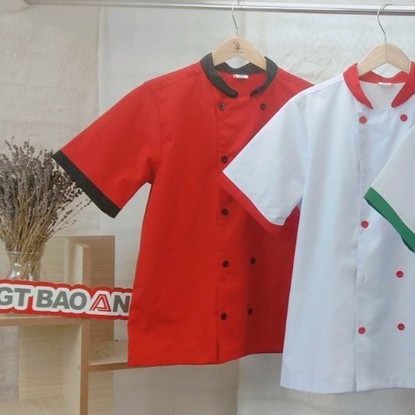 Đồng Phục Nhà Hàng Áo Bếp Màu Đỏ Cổ Đen Cho Đầu Bếp Trưởng