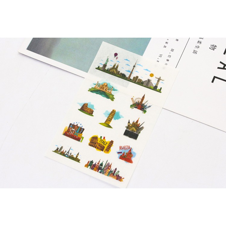 Bộ 6 tờ sticker kì quan thế giới phong cách retro