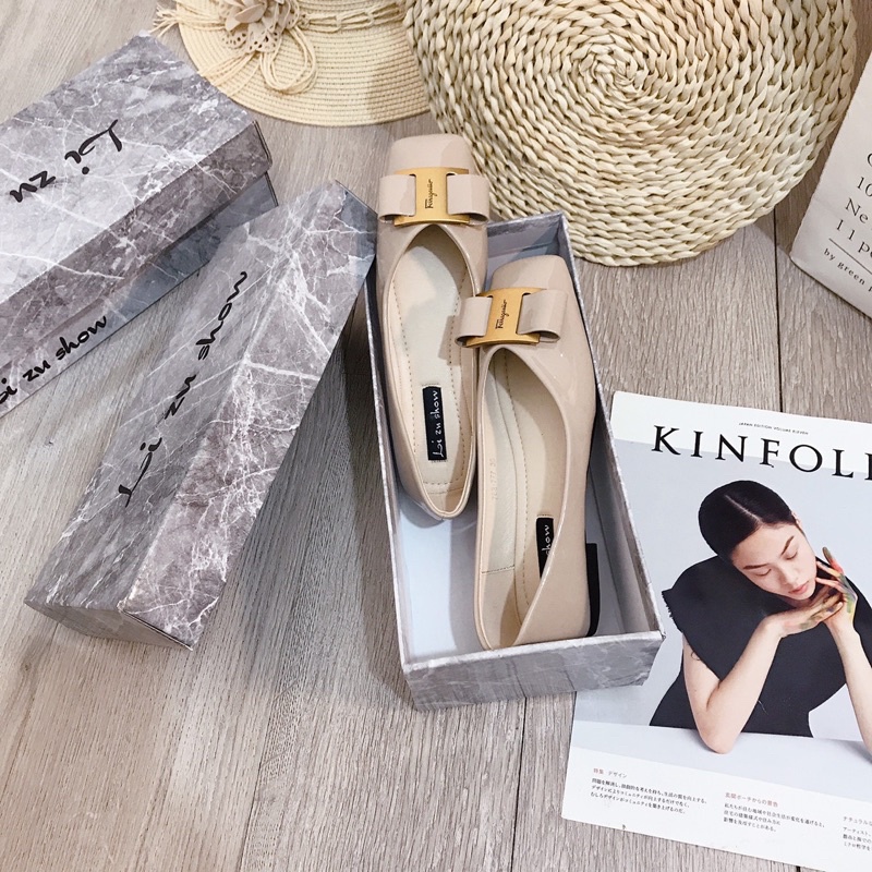 Giày bệt nơ fegamo da bóng mũi vuông lizushow fullbox