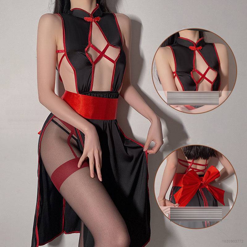 Bộ đồ lót sườn xám hở lưng thêu họa tiết phong cách retro quyến rũ cho nữ