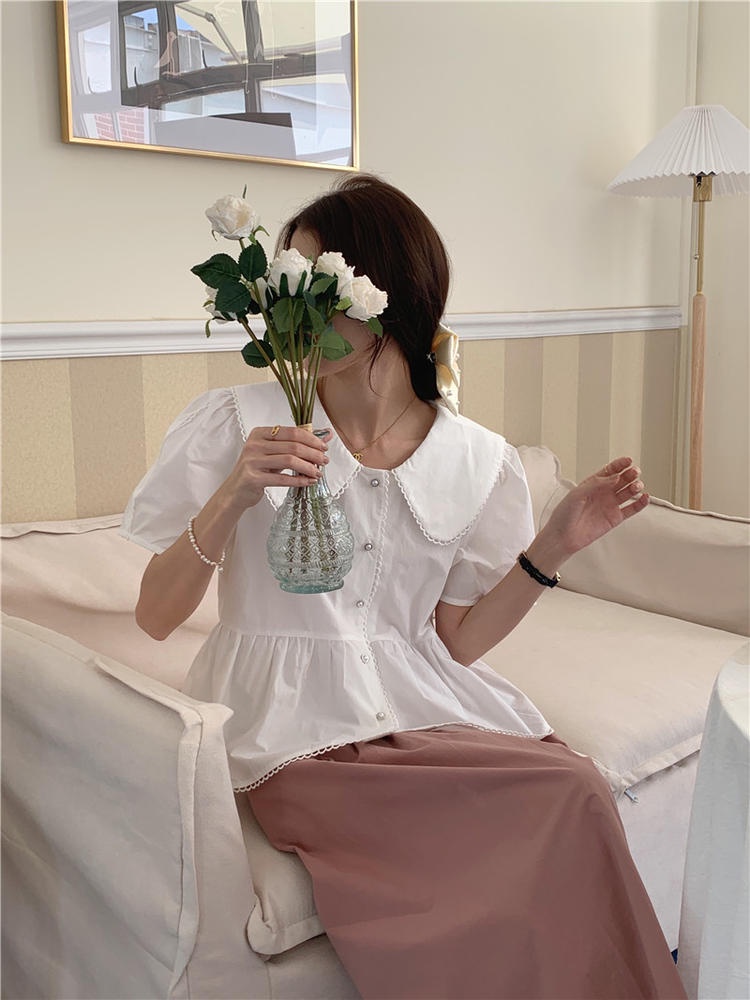 Áo Sơ Mi Tay Ngắn Cổ Búp Bê Phối Ren Dễ Thương 50917