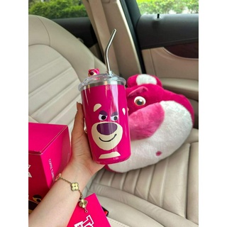 Bình đựng nước gấu dâu Losto, ly giữ nhiệt tiện dụng kèm ống hút bằng thép không gỉ dung tích 450ml