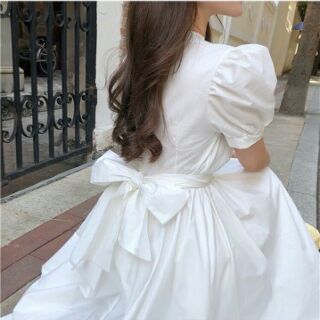 Đầm xòe buộc nơ eo tay phồng