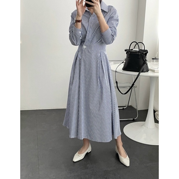Đầm công sở dáng sơ mi sọc nút eo sang trọng