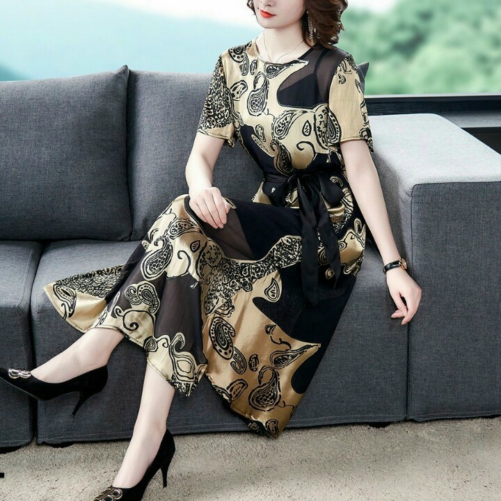 Đầm lụa họa tiết trung niên - Mua đầm suông lụa cho tuổi trung niên đẹp