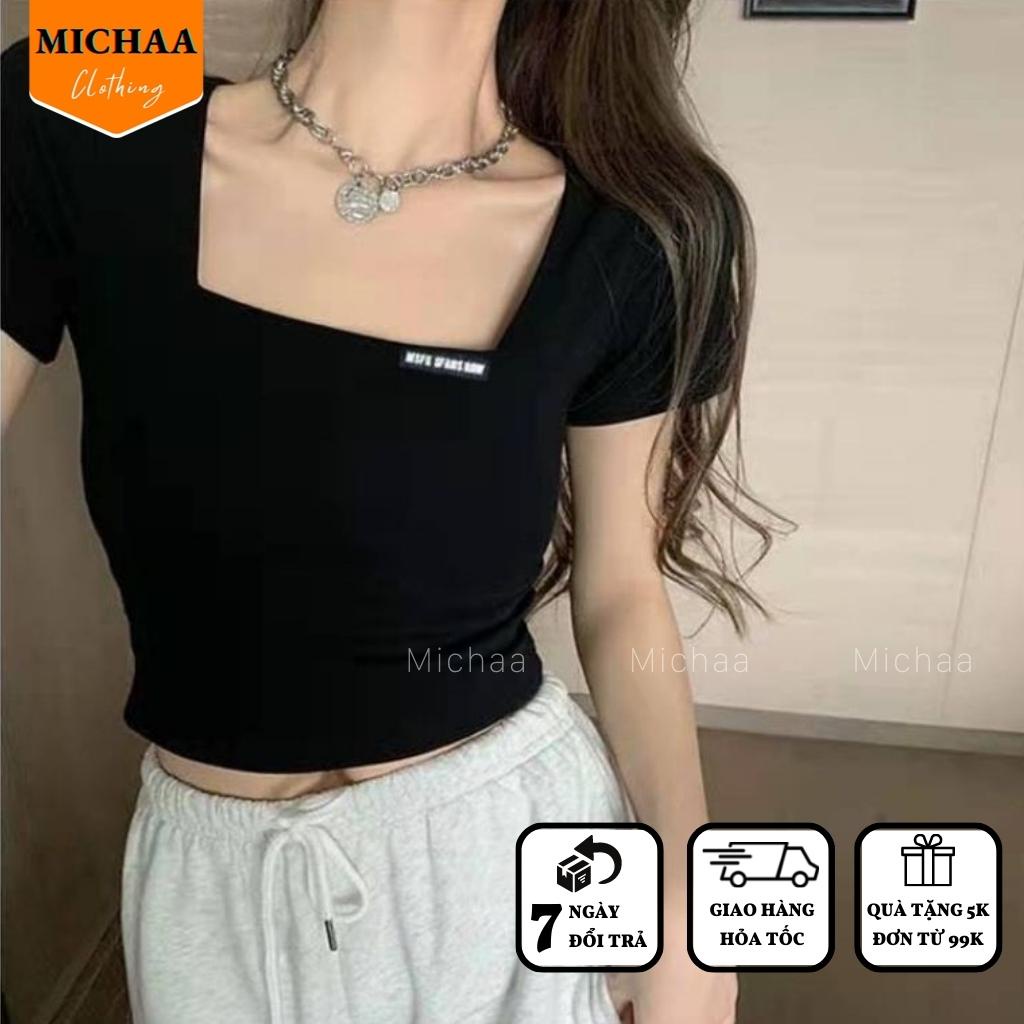 Áo Croptop Ngắn Tay GẮN LOGO Cổ Vuông Nữ Chất Thun Gân Kiểu Ôm Body Sexy Ulzzang - MICHAA
