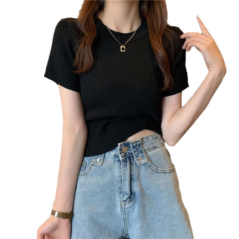 Áo Thun Dệt Kim Tay Ngắn Cổ Tròn Màu Sắc Đơn Giản Thời Trang Mùa Hè Cho Nữ