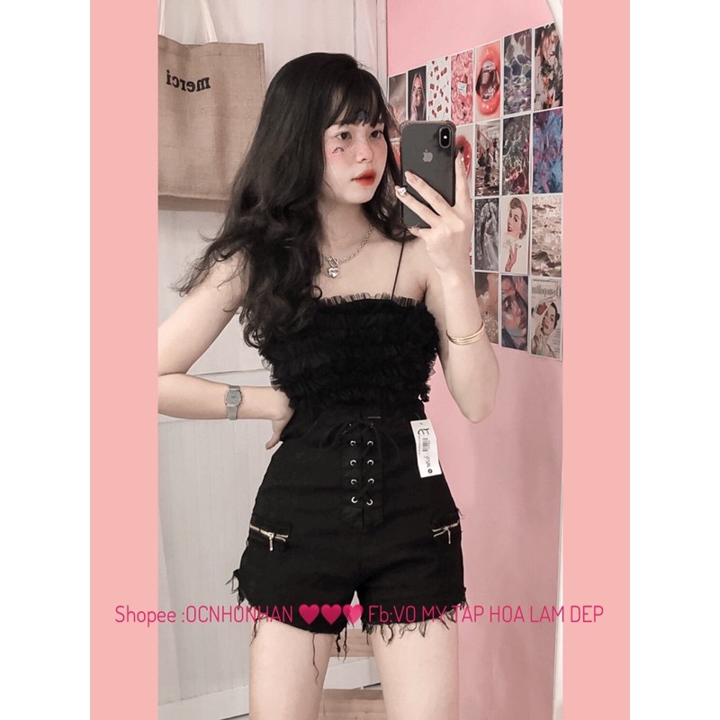 set áo hai dây nhún lưới phối quần short kaki | BigBuy360 - bigbuy360.vn