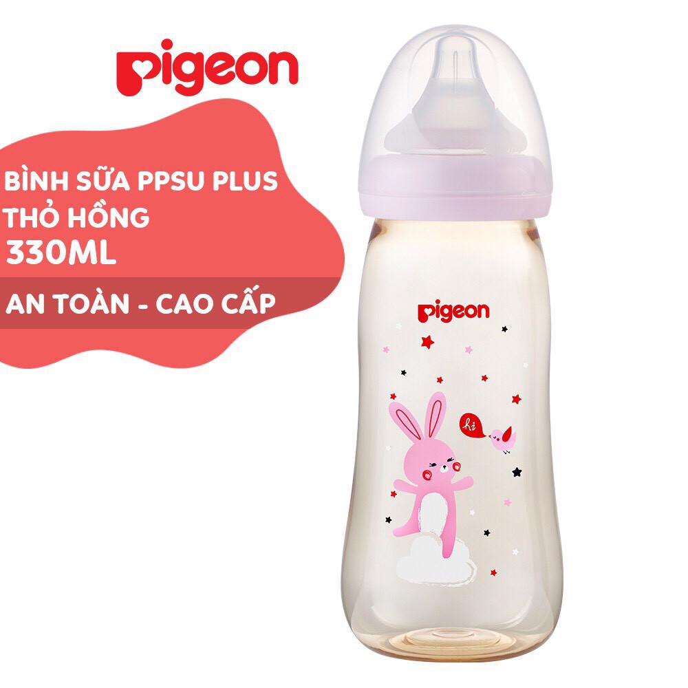 Bình Sữa PPSU Plus Cổ Rộng Pigeon Thỏ Hồng/Voi Xanh 330ml (L)