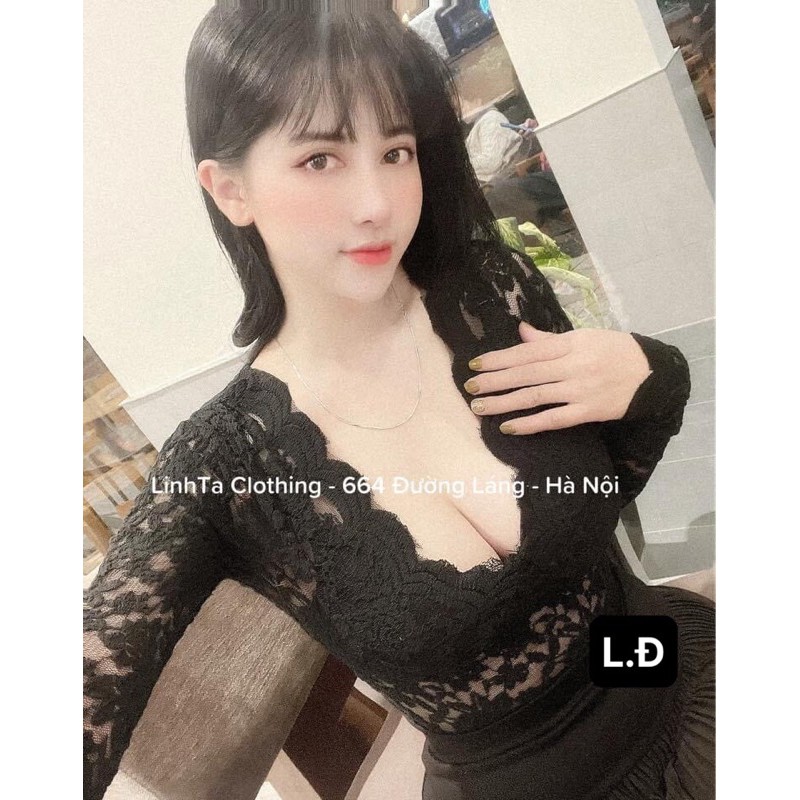 Áo ren cổ tim dài tay