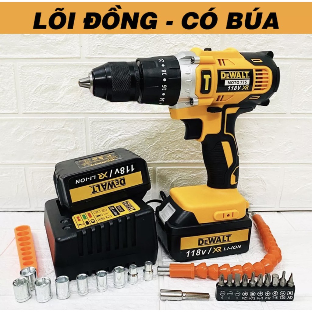 Máy khoan pin 118V Dewalt 3 chức năng có búa - Động cơ 775 siêu mạnh mẽ