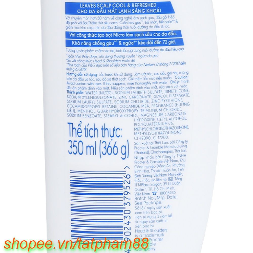 Dầu Gội Đầu 350ml Head & Shoulders Bạc Hà Mát Lạnh Chính Hãng.